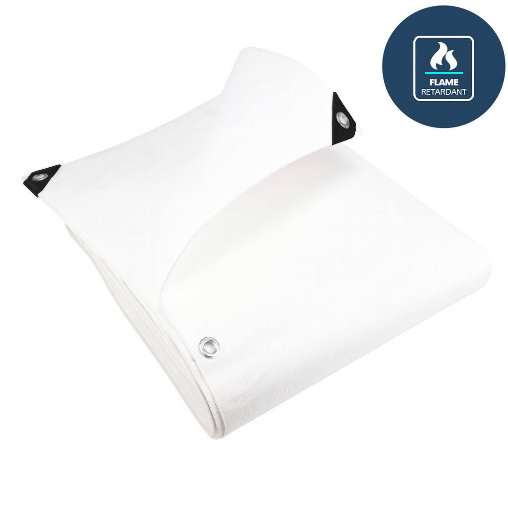 Heavy Duty 200gsm White Tarpaulin – Flame Retardant Waterproof Outdoor Sheeting